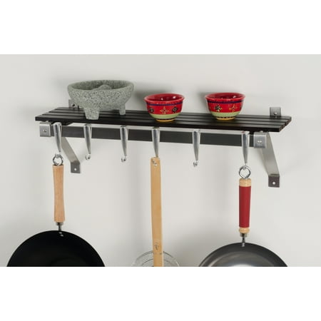 Concept Housewares, Wall Mounted Stainless Steel Track Wall Kitchen Rack with Espresso Wood Shelf, cast aluminum hooks suspended from stainless steel track system slide into any desired