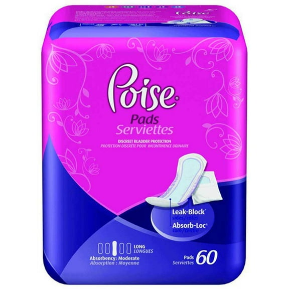 Poise Moderate Pads - 10 9/10", Pack of 20, Moderate Absorbency, Female, Polyacrylate, Disposable
