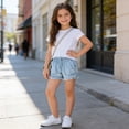 thumbnail image 3 of Girls Denim Shorts with Adjustable Drawstring Elastic Waist Light Wash Frayed Hem Summer Jean Shorts for Kids 4-14 Years,Size 7-8T, 3 of 8