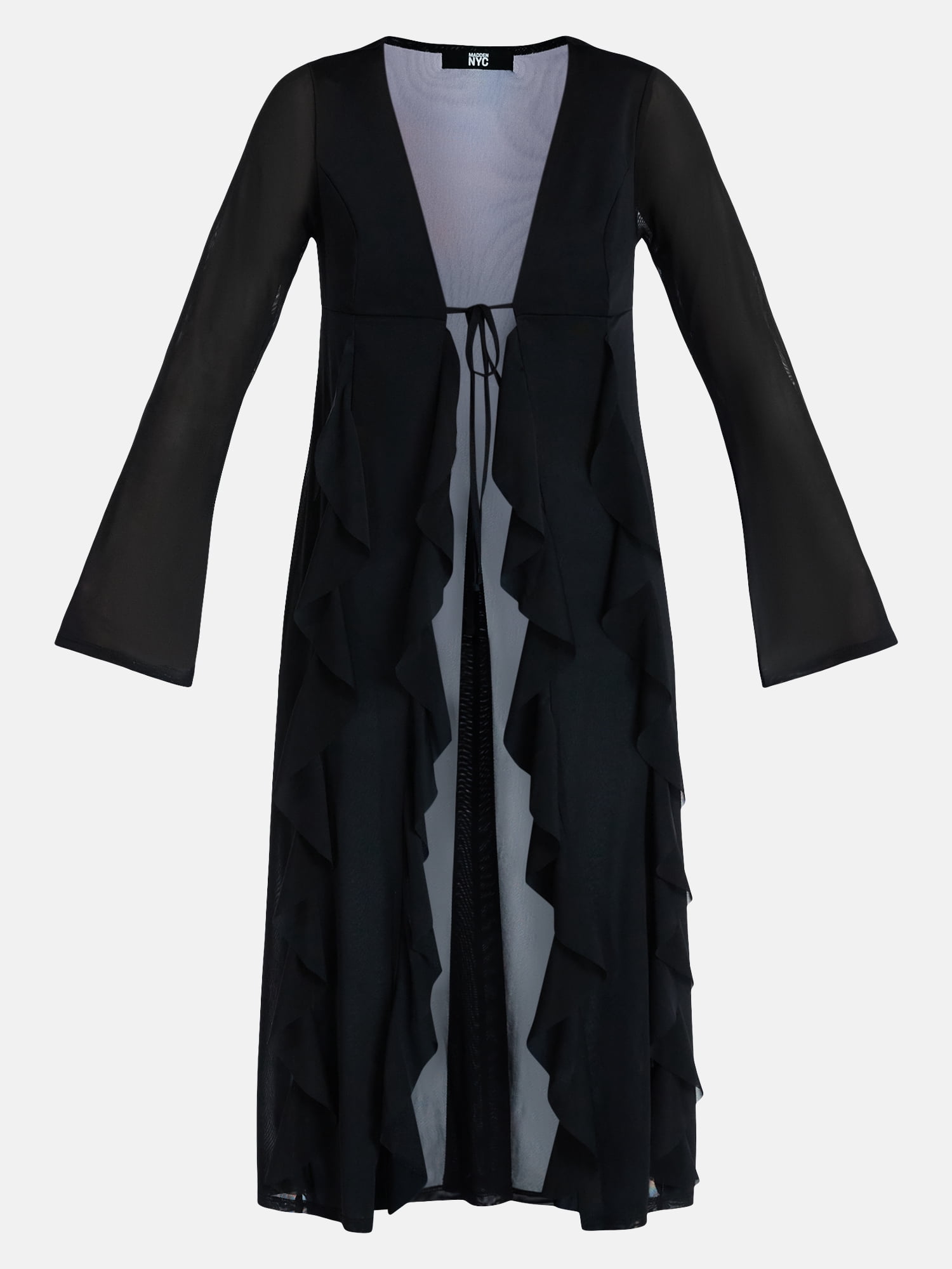 Madden NYC Women’s Ruffle Sheer Tie Front Duster with Long Sleeves, Sizes XXS-XXL