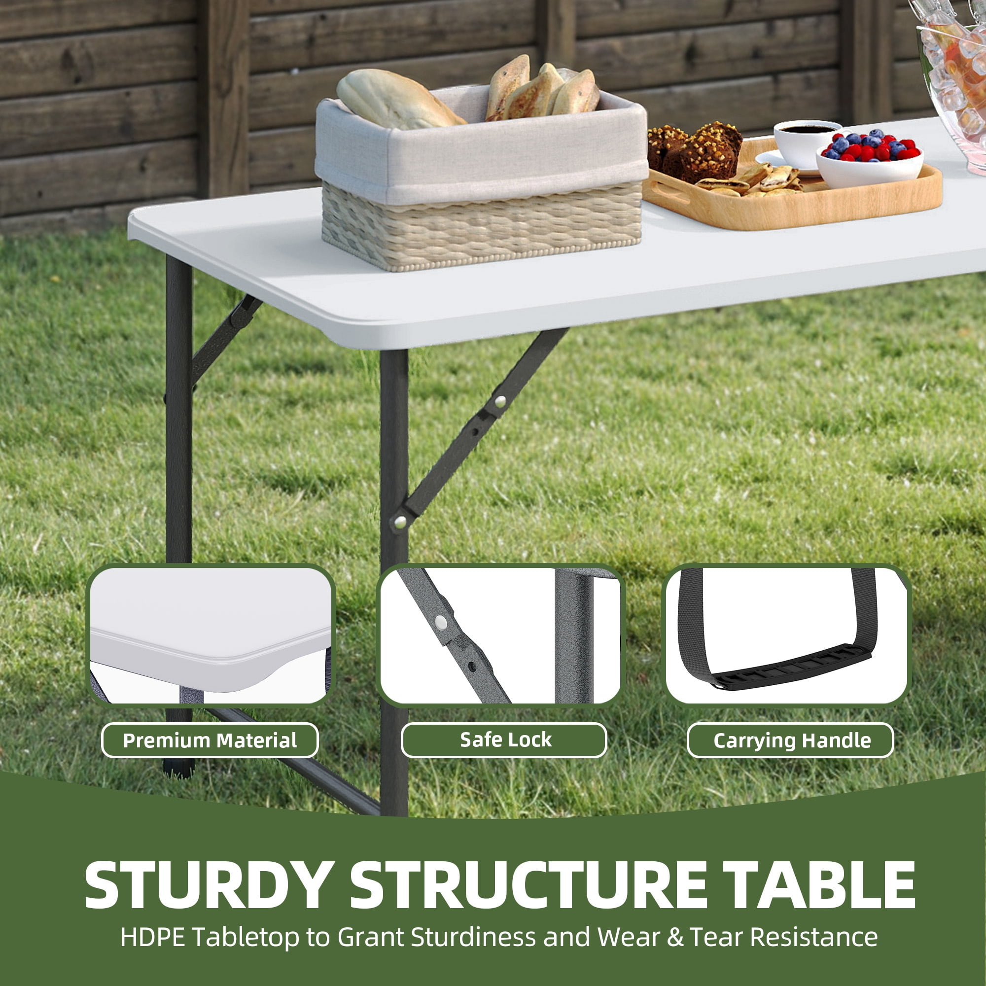 Uforic 6ft Heavy Duty Folding Table, 330 lbs Capacity Portable HDPE Table with Easy Carry Handle, Metal Legs, Stain Resistant for Indoor Outdoor Party Picnic Camping, Black
