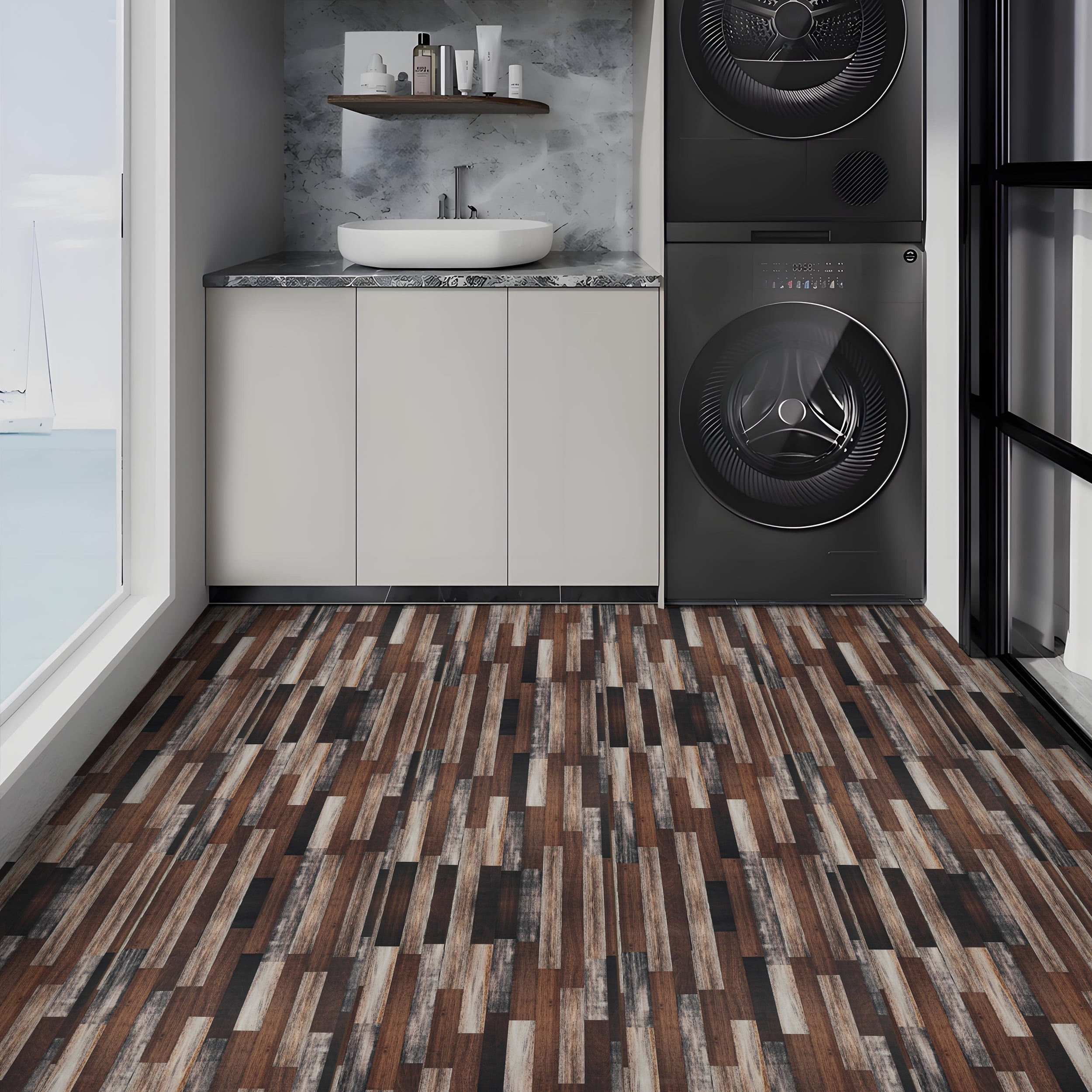 (3 pack) Abyssaly Vinyl Peel and Stick Flooring tile 15.7 inch x 118 inch, Covering Area 12.92 Sq.ft, Self-Adhesive Floor Tile Wood Grain Look for Kitchen Dinning Room Bedroom Home Decoration.