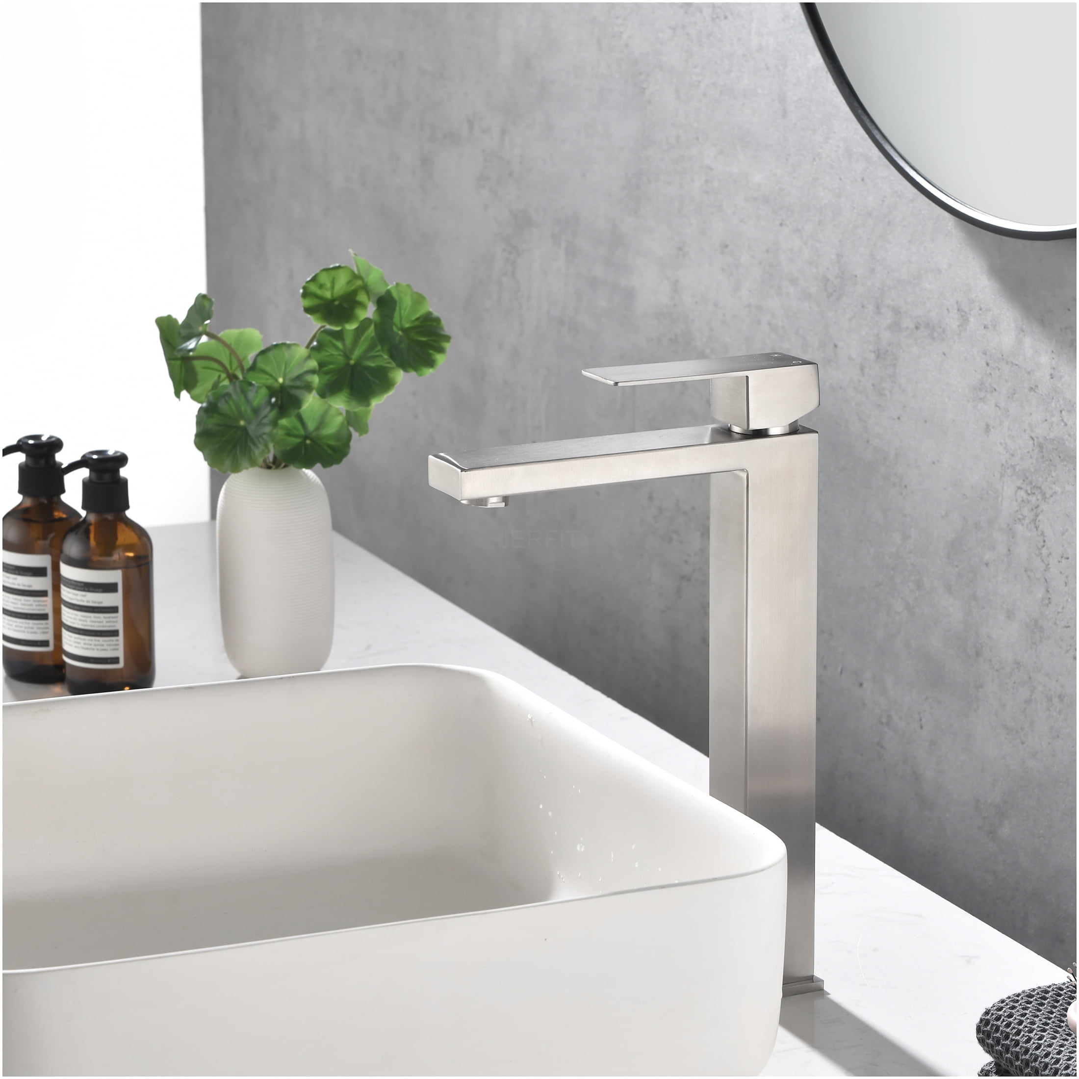 JERFIT Single Handle Bathroom Faucet Brushed Nickel, 1-Hole Vessel Sink Faucet with Pop-Up Drain Assembly, Anti-Splash Aerator, Stainless Steel Vanity Faucet for Bathroom Sink