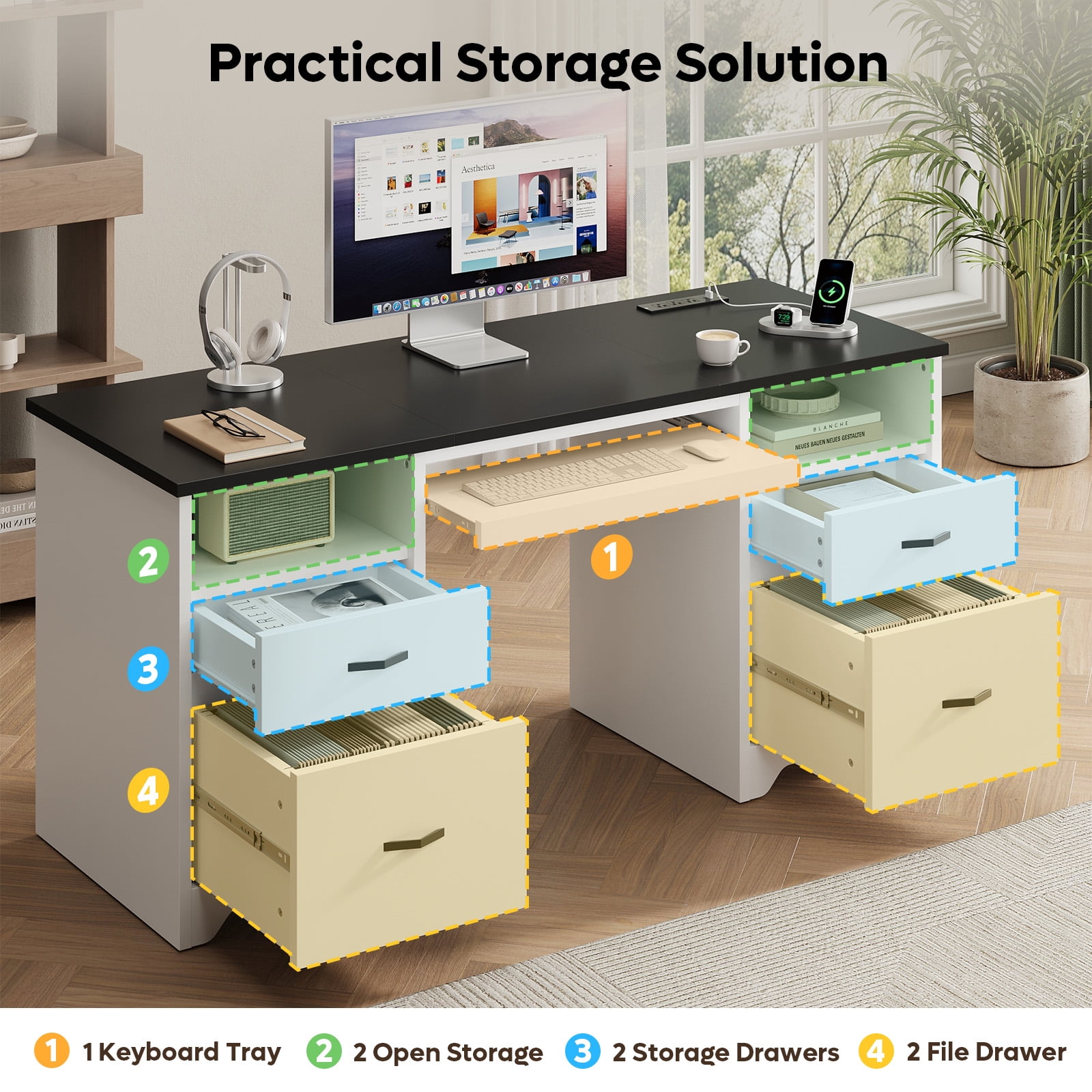 Bestier 59''Computer Desk with 4 Drawers,Office Desk with Storage,Modern Executive Desk with File Drawer, Office Desk with Charging Station, Keyboard Tray for Home office, Study & Bedroom，White