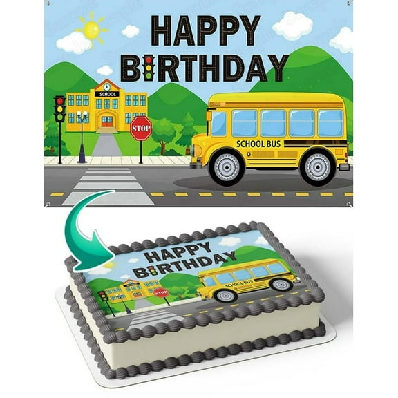 SugarMeLicious School Bus Edible Cake Topper, Personalized 1/4 Sheet Birthday Cake Banner for Kids Parties Back to School Events and Classroom Celebrations