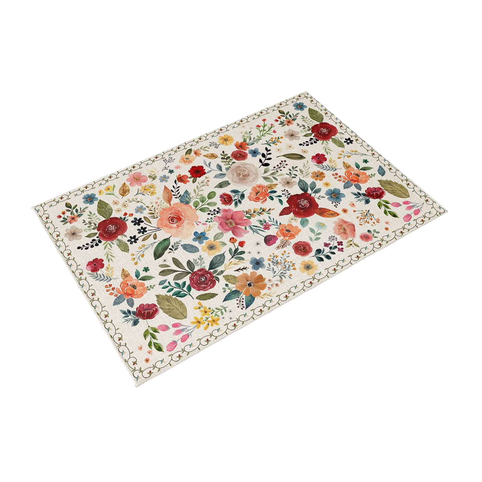 Watercolor Flowers Outdoor Rug 5x7 Ft, Non Slip Washable Area Rug, Rustic Spring Floral Botanical Beige Patio Rugs Carpet Runner, Large Floor Mat for Indoor/Outdoor Deck Porch Camping