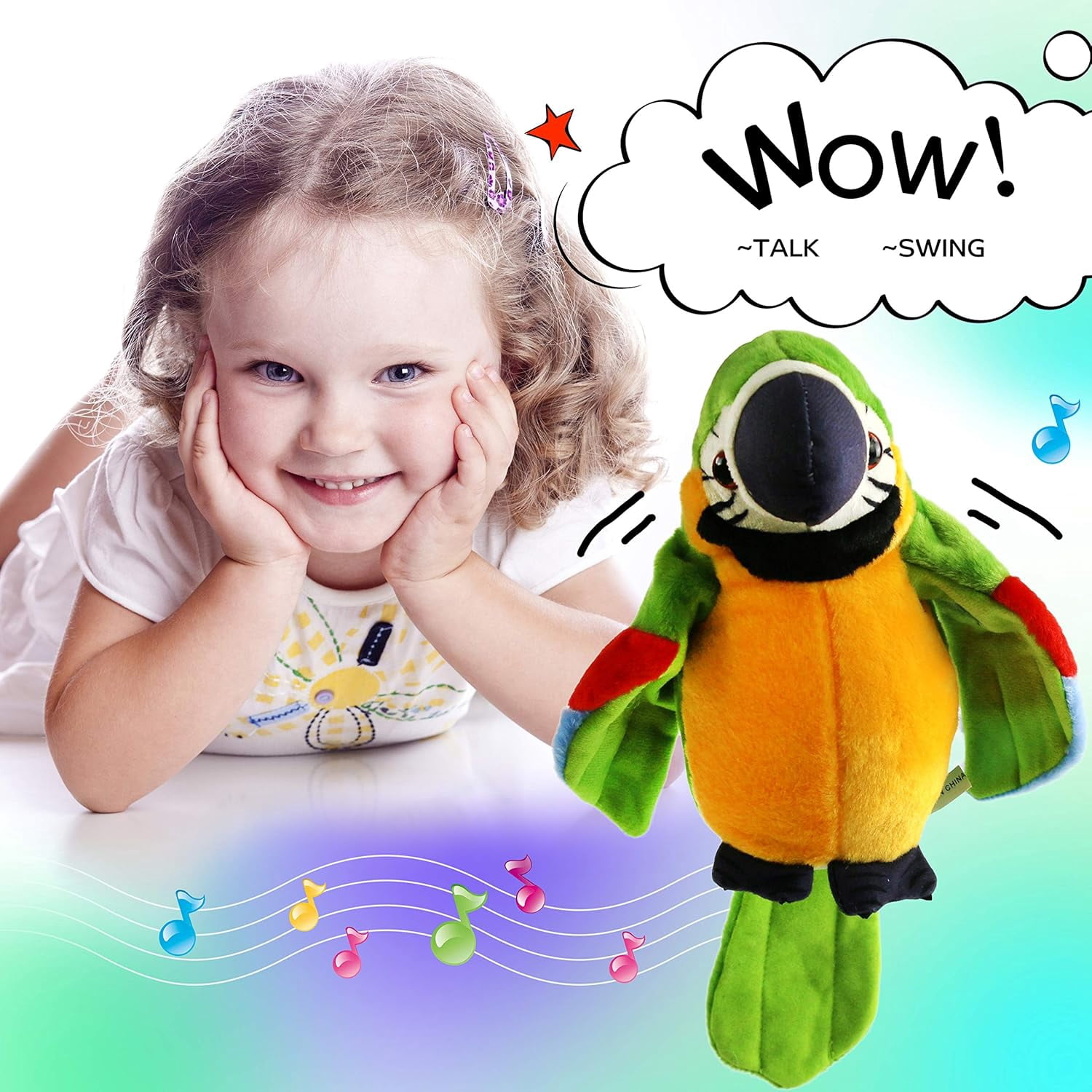 Houwsbaby 9'' Green Electronic Musical Talking Parrot Plush Toy,Interactive Toy,Recording Stuffed Animal Repeat What You Say Shake Wings Macaw Record Bird Toy for Kids Boys Girls