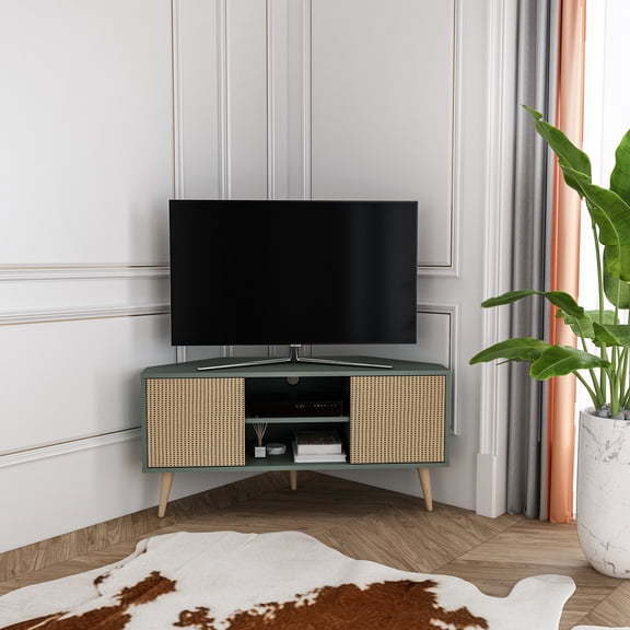 Decorotika Lesson 47" Wide Corner Tv Stand for TVs up to 55" Silva Green & Rattan Pattern