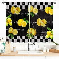 Yellow Lemon Kitchen Curtains, Vintage Retro Summer Fruit Black White Checkered Small Short Window Drapes Treatments for Living Room Bedroom Bathroom Cafe 2 Panels, 55x39 Inch