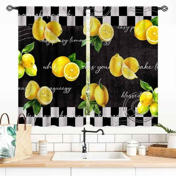 Yellow Lemon Kitchen Curtains, Vintage Retro Summer Fruit Black White Checkered Small Short Window Drapes Treatments for Living Room Bedroom Bathroom Cafe 2 Panels, 55x39 Inch