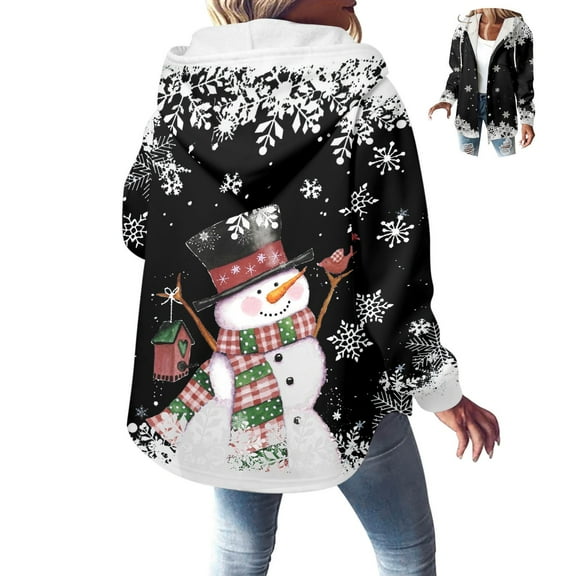 Womens Jacket Trendy Christmas Pattern -Lined Hooded Drawstring Jacket Sweatshirt Fall Winter Coats for Women,Black,L