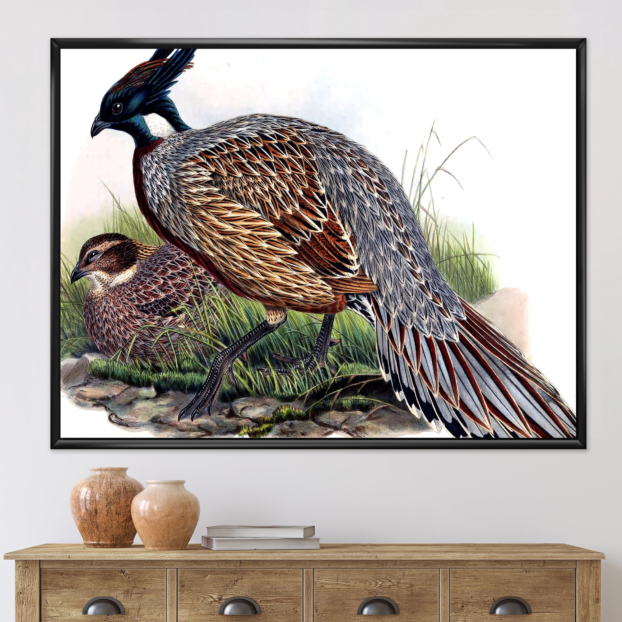 Close Up Of Vintage Countryside Birds 32 in x 16 in Framed Painting Canvas Art Print, by Designart