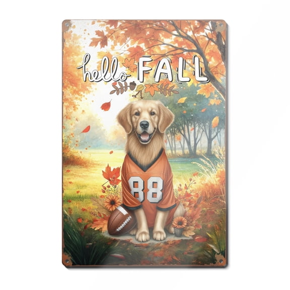 Hello Fall Golden Retriever Football Welcome Autumn with Leaves Pumpkins Vertical Metal Aluminum Sign Goldens Dog Lover Gifts Idea Wall Art Home Decor - 00012