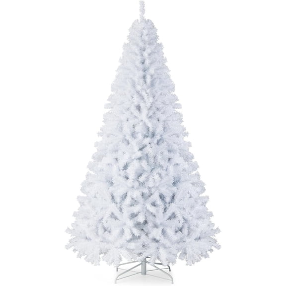 GOFLAME 7.5FT White Christmas Tree, Artificial Hinged Christmas Tree with 1346 PVC Branch Tips and Folding Metal Stand, Indoor Outdoor Xmas Decoration Tree for Home Office Party, Easy Setup