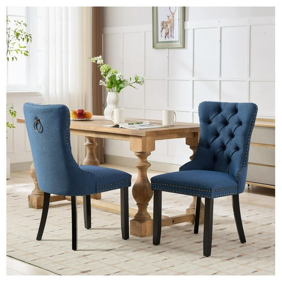 Linen Dining Chairs Set of 2, Solid Wood Modern Contemporary Tufted High Back Side Chairs with Nailhead Trim, Blue, SW6801BL Rubberwood Blue