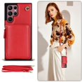 thumbnail image 6 of SaniMore for Samsung Galaxy S23 Ultra 6.8" 2023 Case with Back Zipper Wallet Flip Kicktsand Crossbody Shoulder Strap Retro PU Leather Wear-resistant Shockproof Anti-drop Cover for Girls Women, Red, 6 of 9