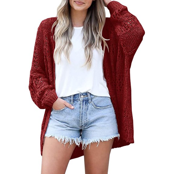 Dellytop Womens Crochet Boho Solid Color Open Front Cardigan Sweater Wine red S