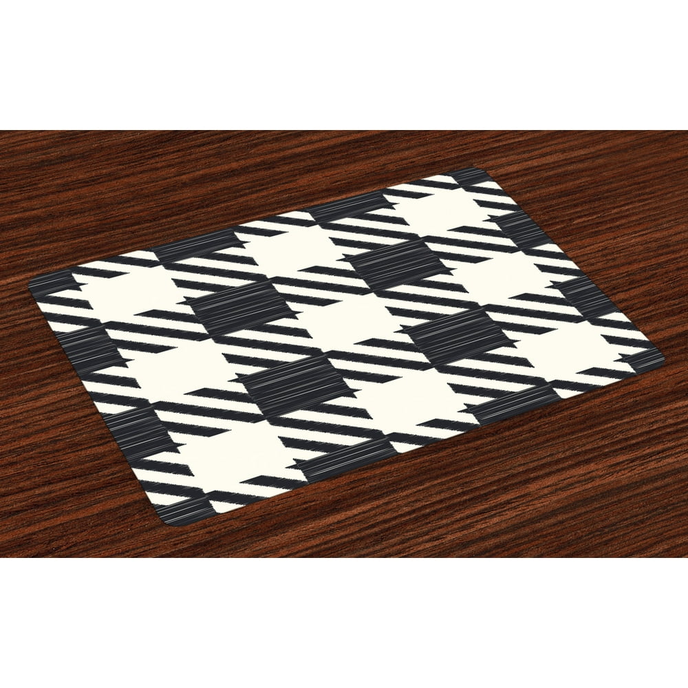 Checkered Placemats Set of 4 Diagonal Stripes and Squares Monochrome Sketchy Geometric Grid