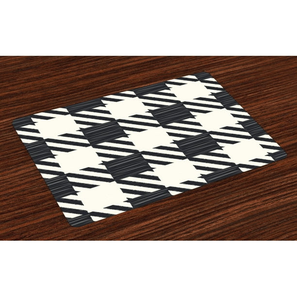Checkered Placemats Set of 4 Diagonal Stripes and Squares Monochrome