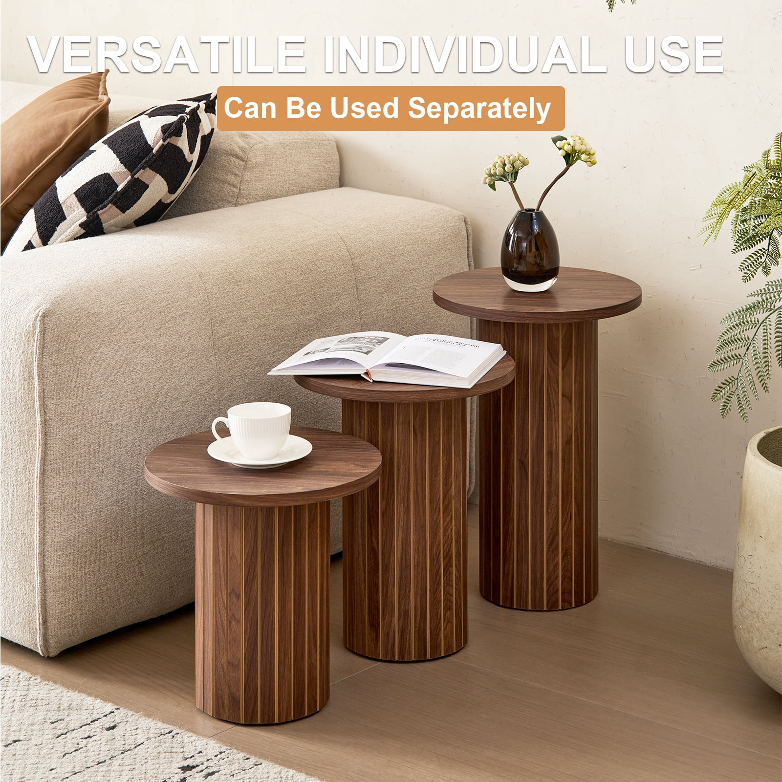 3-Piece Nesting Coffee Table Set, Modern Small Round Wood Side Tables, Fluted Drum Base, for Living Room, Bedroom, Apartment, Small Space, Sofa, Brown