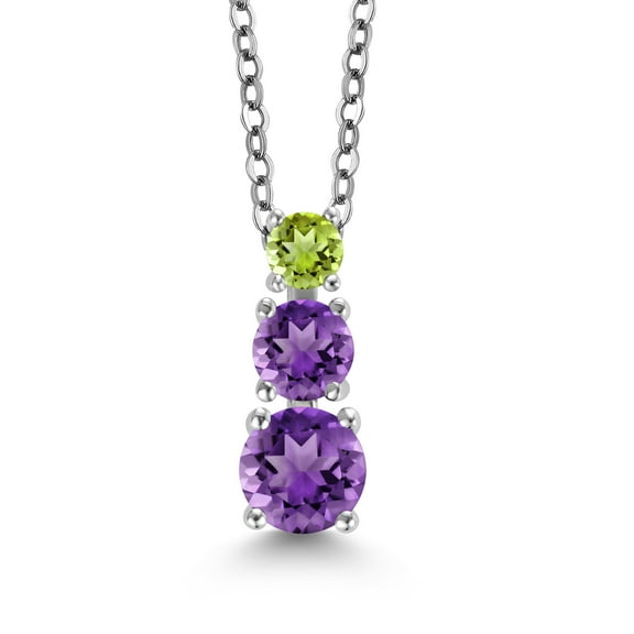 Gem Stone King Purple Amethyst and Green Peridot 3 Stone Pendant Necklace for Women (0.85 Cttw, Gemstone Birthstone, Round 5Mm, 4Mm and 3Mm, With 18 inch Chain)