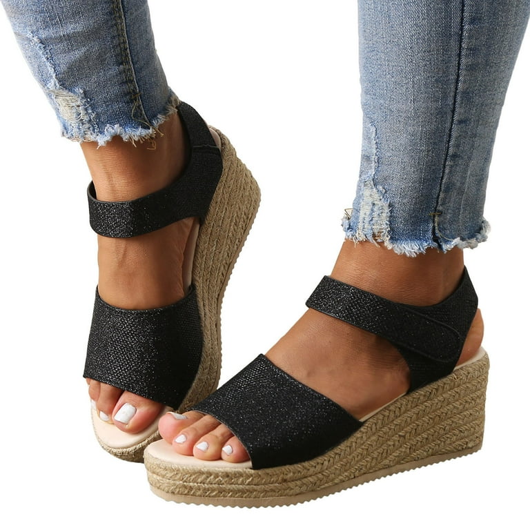 dmqupv Wide Width Sandals For Women Open Toe Buckle Ankle Strap Espadrilles Flatform Wedge Casual Sandal