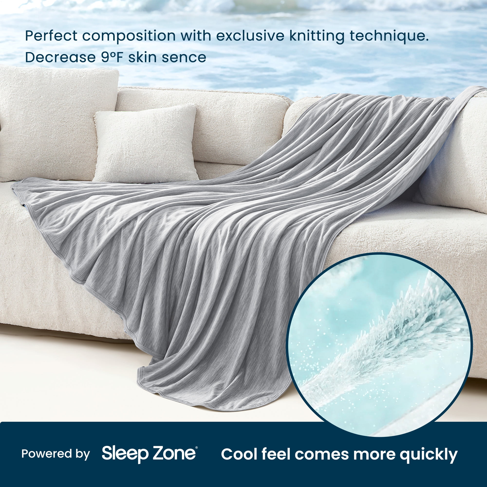 Sleep Zone 50" × 70" Nanotex Cooling Blanket for Hot Sleepers, Double-Sided Ultra-Cold Breathable Lightweight Summer Throw Blanket for Couch and Bed, Travel/Outdoor (Grey, Throw)