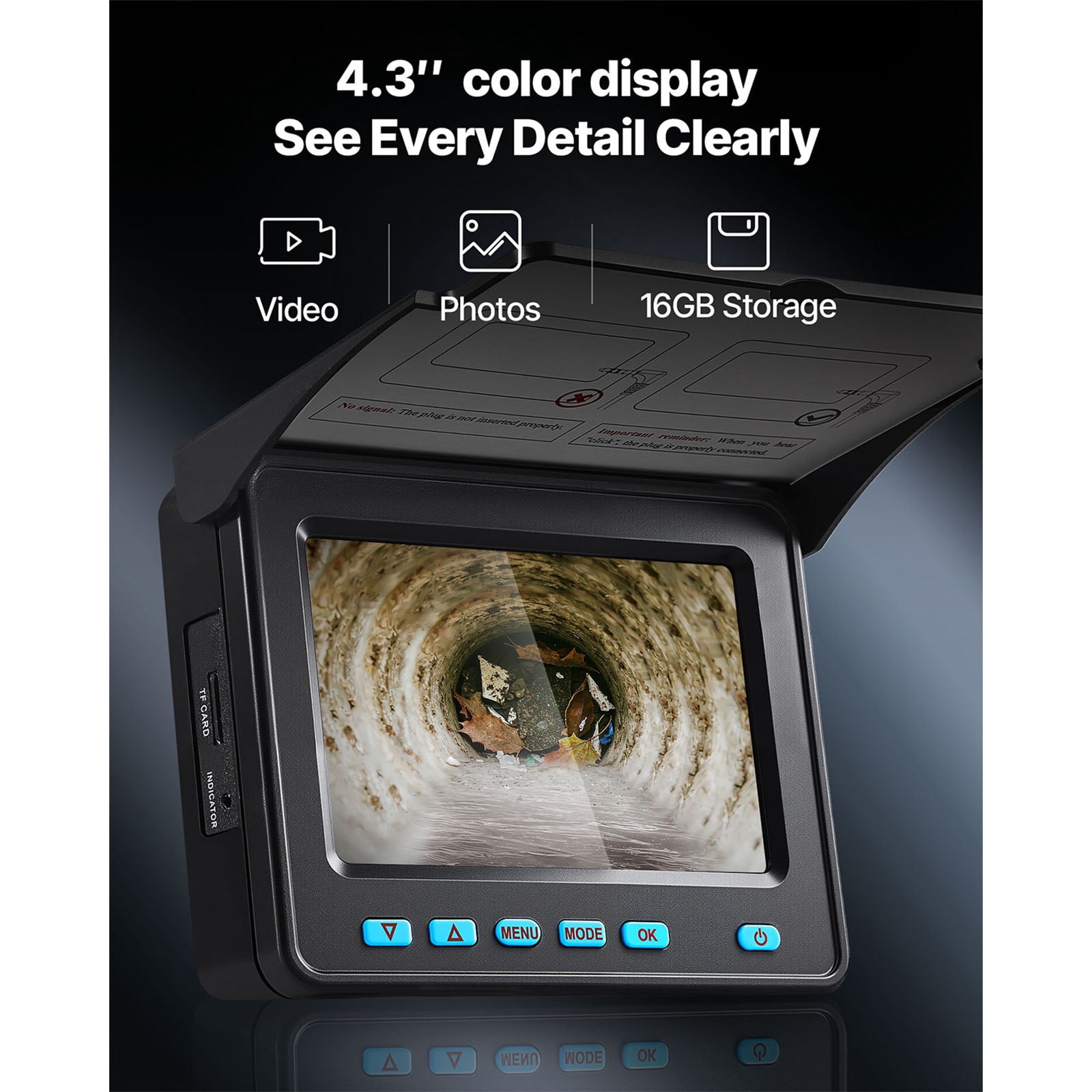 KFFKFF Sewer Inspection Camera, 98 ft/30m, 4.3" Display Drain Camera, IP68 Waterproof Plumbing Tool with 6 Adjustable LEDs, 4500mAh Battery & 16GB Storage for Pipe and Duct Inspections