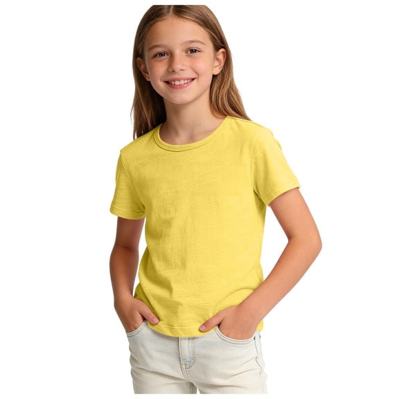 Scyoekwg Girls Short Sleeve T Shirts Kids Summer Crewneck Basic Tee Solid Color Casual Cotton Tunic Tops Workout Clothes (Yellow,4-5 Years)