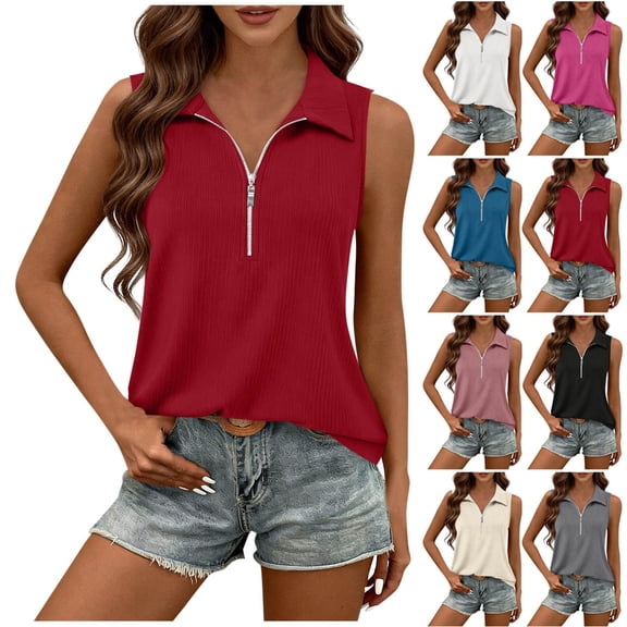 Bovxnpu Tank Tops Summer Sleeveless T Shirts Dressy Casual Blouses Collared Loose Ribbed Tank Top Summer Tops (Women's or Women's Plus)
