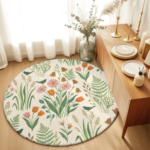 Round Rugs 6Ft, Spring Botanical Round Area Rug Washable Indoor Throw Carpet, Country Farmhouse Wildflower Watercolor Soft Non Slip Circle Rug for Office Cabinet Home Decor Aesthetic
