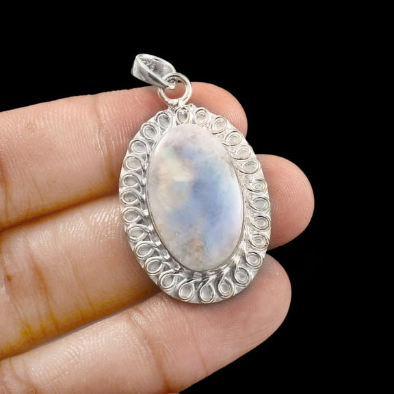 Owais Gems And Jewelry 45 Ct White Rainbow Mystic Glow Oval Gemstone Pendant, Silver Plated Women's Fashion Necklace Pendant