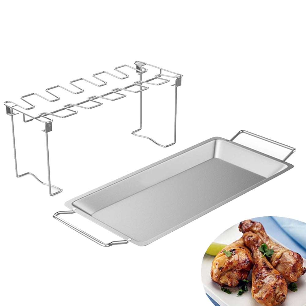 Guajave Stainless Steel Chicken Wing Leg Rack Grill Holder with Drip Pan for Cooking BBQ