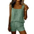 thumbnail image 3 of MOJOGO 2 Piece Outfits for Women Square Neck Cami and Elastic Waist Shorts Linen Summer Vacation Two Piece Set Green M, 3 of 7