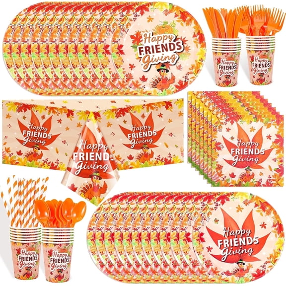 113PCS Thanksgiving Party Supplies Happy Friendsgiving Tableware Set for 16 Guests, Paper Plates Cup Napkins Straw Plastic Tablecloth Knife Fork Spoons for Turkey Day Party