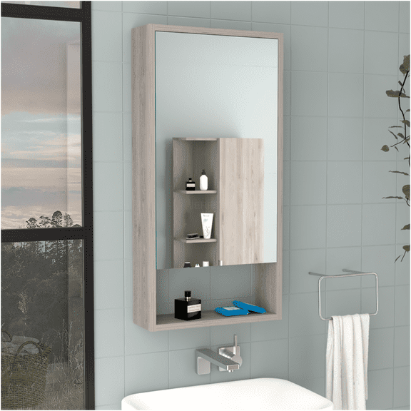JERFIT 35" Recessed Medicine Cabinet with Mirror, Single Door Bathroom Storage with Adjustable Shelves, Light Gray