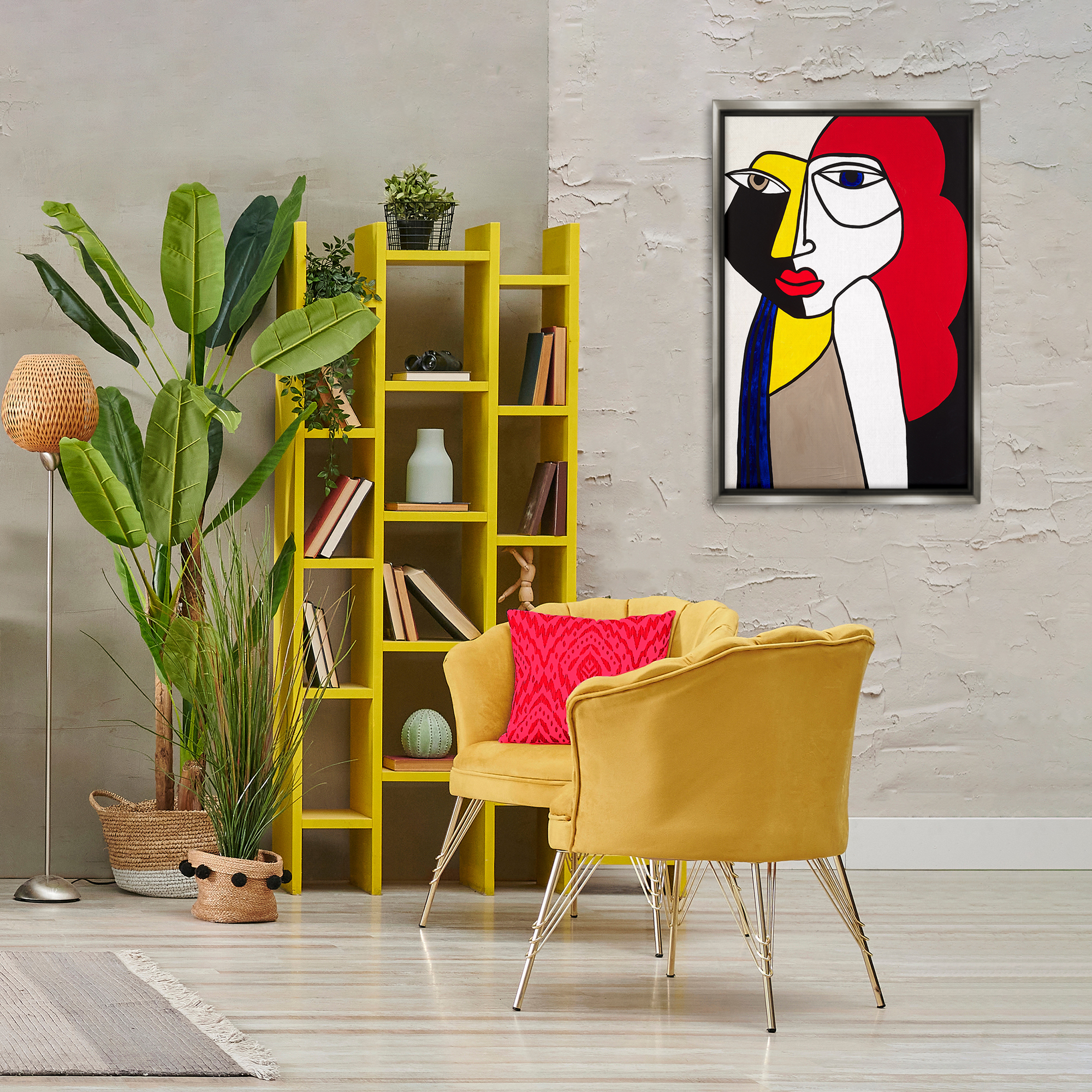 Stupell Industries Her Abstract Cubism Face People Painting Gray Floater Framed Canvas Art Print Wall Art, 21 x 31