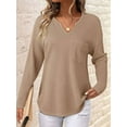 thumbnail image 4 of Womens Tops Waffle Knit Long Sleeve Notched V Neck Shirts Casual Trendy Solid Color Loose Blouses Camel M, 4 of 5