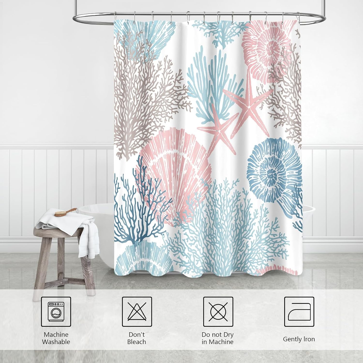 Small Stall Shower Curtain 36 x 72 Inch, Half Narrow Blue Pink Nautical Coastal Shower Curtain, Summer Tropical Seashell Starfish Coral Beach Ocean Themed Shower Curtain for Bathroom Decor