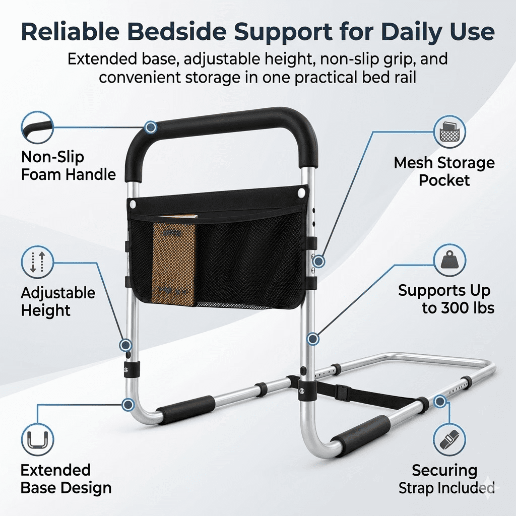 Bed Rails for Elderly Adults, Adjustable Bed Assist Rail for Seniors with Non-Slip Foam Handle, 300 lbs Bedside Safety Rail with Extended Base, Mesh Pocket & Securing Strap for Queen King Twin Beds