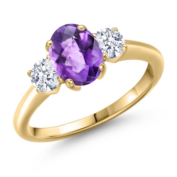 Gem Stone King 1.70 Ct Oval Checkerboard Purple Amethyst 18K Yellow Gold Plated Silver Ring