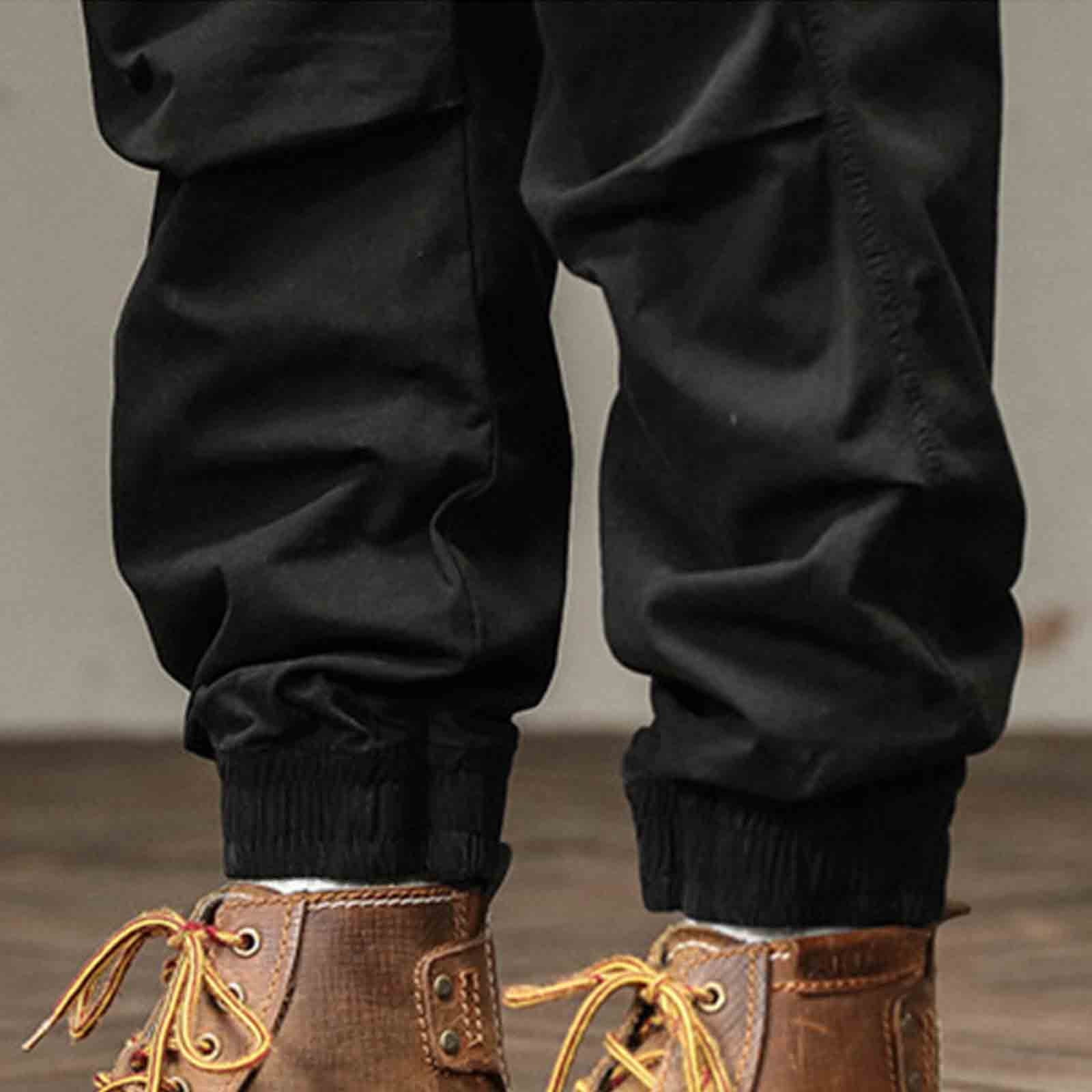 HOOMEUMY Men's Cargo Pants with Pockets Cotton Hiking Sweatpants Casual Athletic Jogger Sports Outdoor Drawstring Trousers Black 14