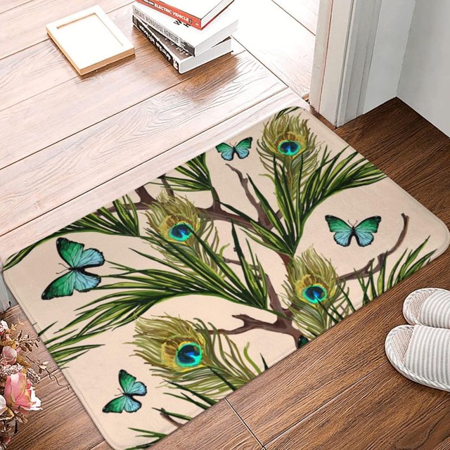 Front Door Mat Butterfly Peacock Feathers Bedroom Entryway Rug Non-Slip Washable Indoor Carpet Doormat Decorative Low Profile Area Rug for Home Living Room Bedroom Laundry Floor Decor, 24 x 16 Inch