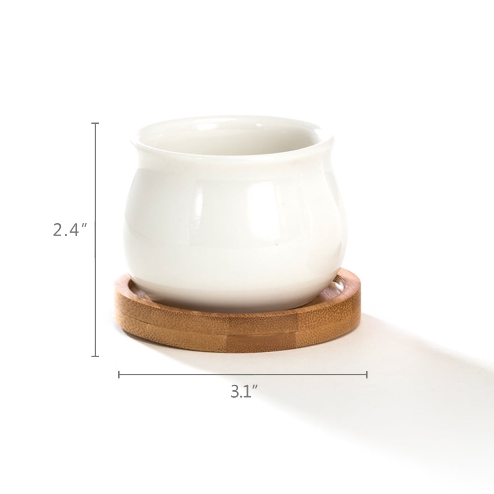 K-Cliffs White Jar Shape Design Ceramic Pots with Bamboo Tray, Set of Pot - 2.75L x 2.75W x 2H inches; Bamboo Saucer - 3.2L x 3.2W x 0.5H inches