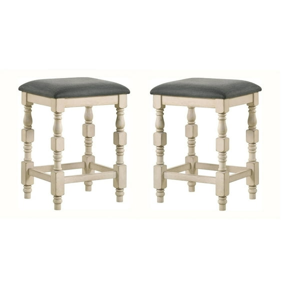Benjara Swan 26 Inch Counter Height Stool, Set of 2, Gray Padded Seat, Turned Legs