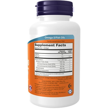 NOW Supplements, Krill, Double Strength 1000 mg, Phospholipid-Bound Omega-3, 60 Softgels