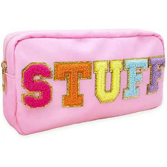 Fablinks Preppy Makeup Pouch, Chenille Varsity Letter Stuff Bag, Pink Nylon Skin Care Patch Bags Organizer