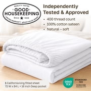 California Design Den Cal King Fitted Sheet Only, Soft 400 Thread Count 100% Cotton Sateen, Deep Pocket, All-Around Elastic, Side Indicators - Bright White
