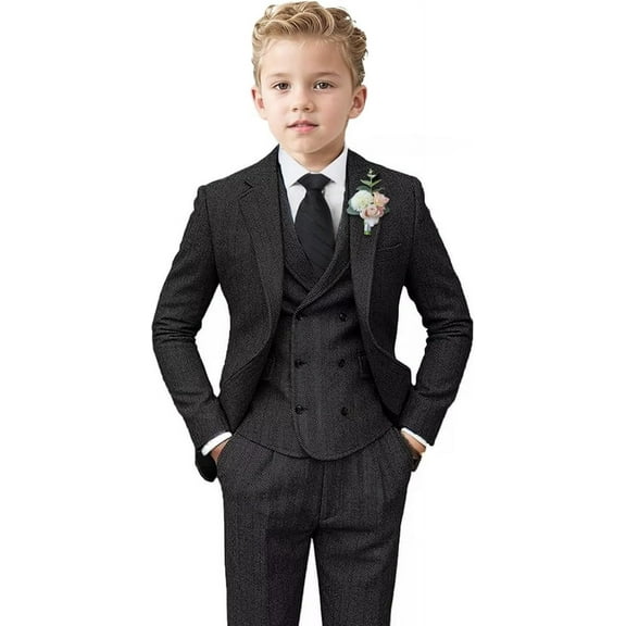 Mosedou 3pcs Boys Tweed Herringbone Suits Slim Fit Suits for Boys Tuxedo Jacket Vest Pants Set Formal Wedding matching