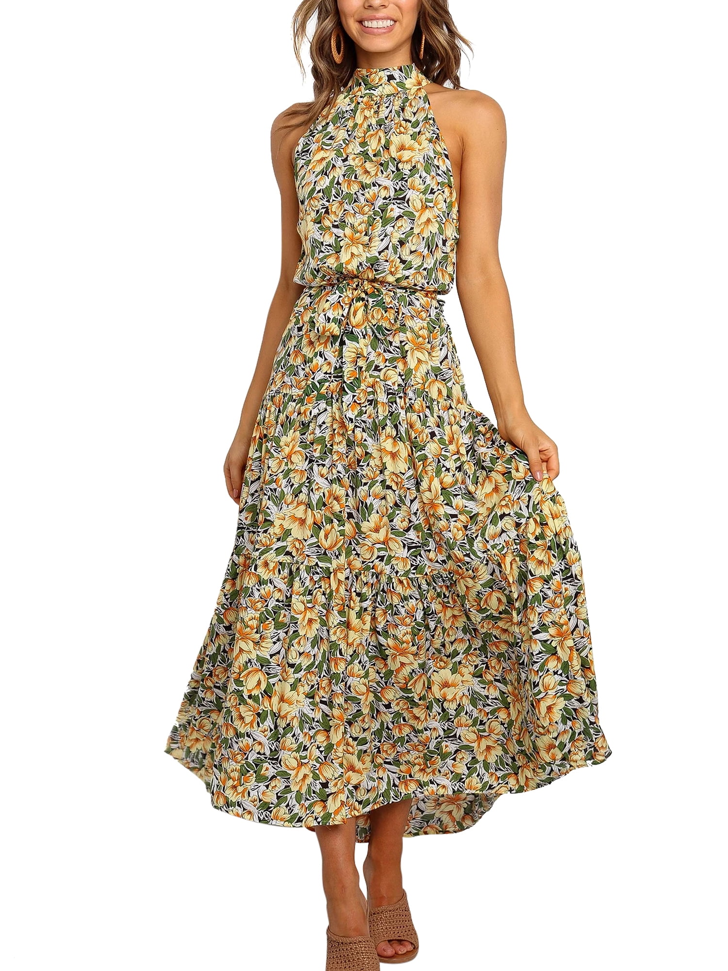 Bohemian Flower Dresses for Women Scoop Neck Sleeveless Cotton Linen Maxi Dress Casual Summer Loose Fit Long Flowy Dress 